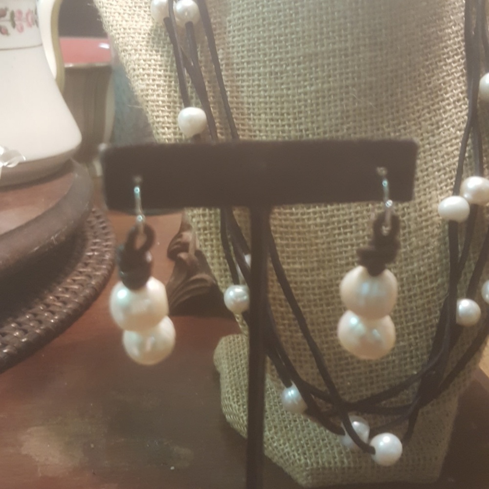 Leather & Pearl Double "Love Knot" Earrings